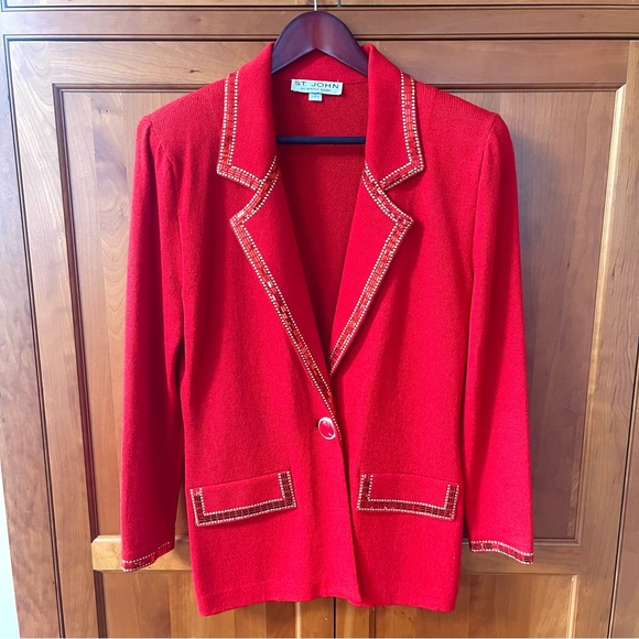 St.John Elegant Embellished Knit Cardigan Jacket In Bright Strawberry Red Color - Picture 5 of 13